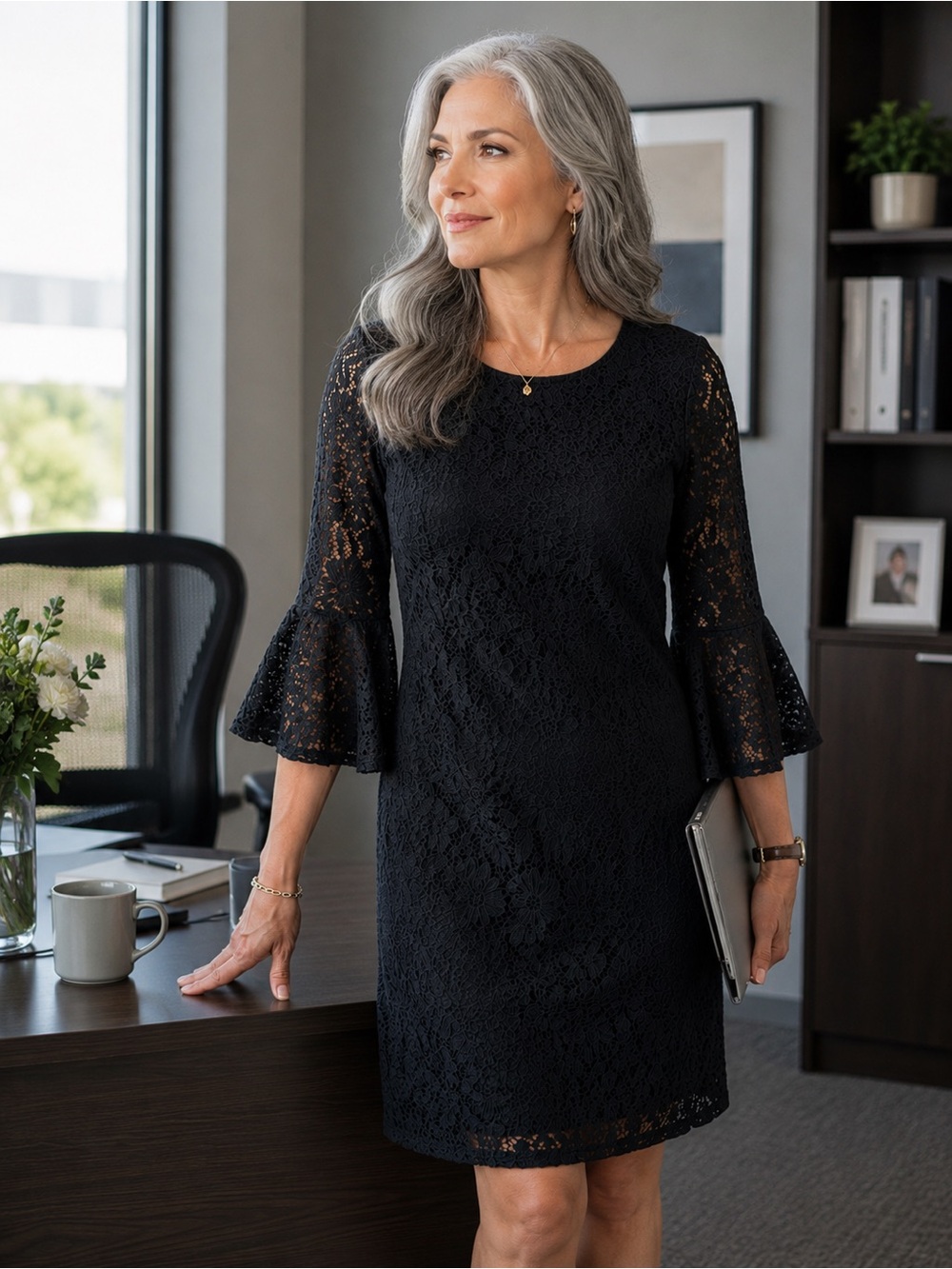 Tommy Hilfiger Black Lace Bell-Sleeve Sheath Dress